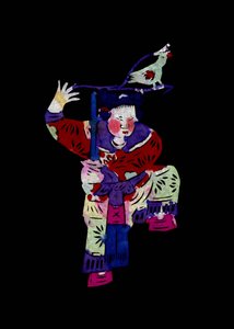 Postać kobieca trzymająca miecz z ptakiem. Wycinanka z papieru malowanego lub "Jian Zhi", chińska sztuka ludowa, Pekin. autorstwa School Chinese