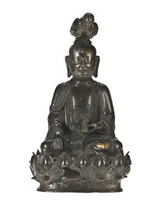 Figura Guanyin, chińskiej bogini miłosierdzia, siedzącej na bazie z motywem lotosu, z krukiem na głowie i królikiem spoczywającym w lewej ręce autorstwa School Chinese