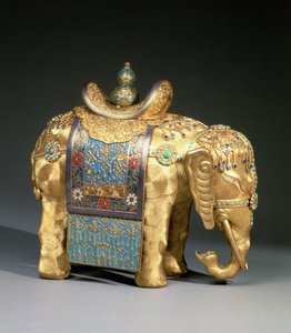 Figurka słonia, z emaliowanym uprzężą i kaboszonami z korala i turkusu, tkanina na siodło ozdobiona buddyjskimi emblematami, okres Chien Lung, ok. 1780 (złocony brąz, emalia, koral i turkus) autorstwa School Chinese