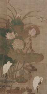 Lotosy, owady i ptaki, wiszący zwój autorstwa School Chinese