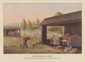Produkcja porcelany w Chinach (kolorowa litografia) autorstwa School Chinese