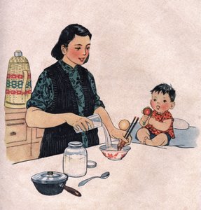 Mama przygotowująca posiłek dla dziecka. Ilustracja w "Comment mieux nourish nos enfants", Edition Le Journal de la Sante, Pekin. autorstwa School Chinese