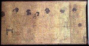 Palace Ladies at Leisure Handscroll, szczegół kobiet przygotowujących się do wyjścia, według oryginału Wen-chu Chou (fl.970) Okres Southern Sung, ok. 1140 (tusz i pigment na jedwabiu) (patrz też 114250) autorstwa School Chinese