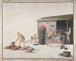 „Włóż do wody do ostygnięcia”, Produkcja żeliwa w Chinach, ok. 1820 r. (akwarela na papierze) autorstwa School Chinese
