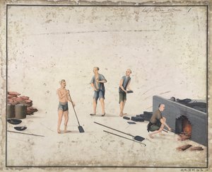 „Wprowadzanie ołowiu, siarki i rtęci”, produkcja czerwonego ołowiu w Chinach, ok. 1820 r. (akwarela na papierze) autorstwa School Chinese
