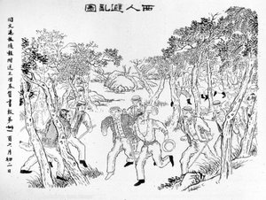 Boxer Rebellion: Europejczycy walczący z bokserami. Ilustracja opublikowana w Shanghai Journal Toung-Ouen-Hou-Pao.1899 ok. autorstwa School Chinese
