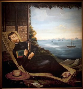 Saint Francois Xavier odpoczywa przed zatoką hong kong (Chiny). Obraz warsztatu w Hongkongu, olej na płótnie, ok. 1850 r. Muzeum Port Louis. autorstwa School Chinese