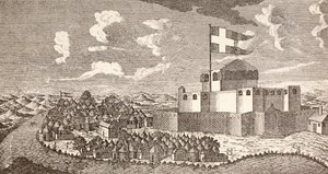 Duński fort kolonialny Fredensborg, Ningo, Ghana, tak jak wyglądał w 1760 r., z książki "Afrika, dets Opdagelse, Erobring og Kolonisation", opublikowanej w 1901 r. w Kopenhadze (litografia). autorstwa School Danish