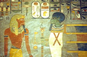 Starożytny Egipt, Malowidło, Ramzes I przed Ptahem, za którym znajduje się filar djed, Grobowiec Ramzesa I, Teby autorstwa School Egyptian