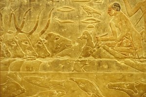 Starożytny Egipt, Rzeźba/malarstwo ścienne, Mastaba/Grobowiec Idout, Sakkara, VI dynastia, Bydło przeprawiające się przez rzekę, Mężczyzna pomagający cielęciu przeprawić się przez rzekę, Matka obserwująca (zdjęcie) autorstwa School Egyptian