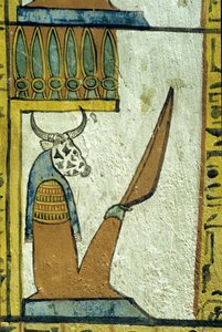 Starożytny Egipt, Malowidło ścienne, Bóg podziemi z głową krowy, Grób Sennedżema, Teby, Deir el Medina autorstwa School Egyptian