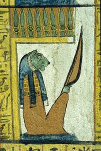 Starożytny Egipt, malowidło ścienne, bóg podziemi z głową lwa, grobowiec Sennedżema, Teby, Deir el Medina autorstwa School Egyptian
