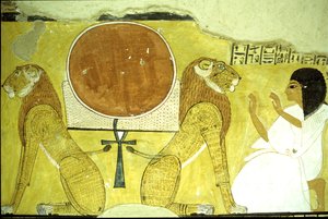 Starożytny Egipt, Malowidło ścienne Grobowiec Inherkhau, Teby, Inherkhau adorujący dwa lwy, strażnicy dziś i jutro, XX dynastia (zdjęcie) autorstwa School Egyptian