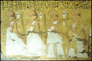 Muinainen Egypti, Seinämaalaus Inherkhaun hauta, Thebes, Aatelisten hauta, 20. dynastia, Papit kaatamassa juomaruoan Inherkhaun (valokuva)kiillotus autorstwa School Egyptian