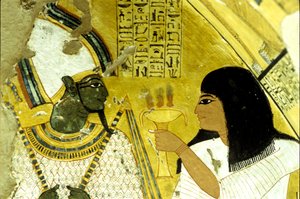 Starożytny Egipt, malowidło ścienne Grobowiec Inherkhau, Teby, Grobowiec Szlachty, XX dynastia, Inherkhau składający ofiary Ozyrysowi (zdjęcie) autorstwa School Egyptian