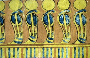 Starożytny Egipt, malowidło ścienne, węże Uraeus strzegące świątyni Ozyrysa, grobowiec Sennedżema, Teby, Deir el Medna autorstwa School Egyptian