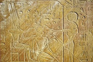 Starożytny Egipt, malowidła ścienne/rzeźby, Sakhmet zwraca się do Amona Ra i Hatszepsut, świątynia w Karnaku, Luksor autorstwa School Egyptian