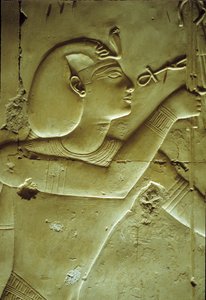 Muinainen Egypti, Seinämaalaus/kaiverrus, Seti I vastaanottamassa elämää, symboloi ankh, Seti I:n temppeli, Abydos puola autorstwa School Egyptian
