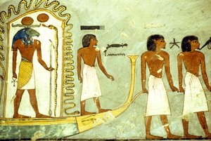Starożytny Egipt, Malowidła ścienne, Podróż przez podziemia łodzią ciągniętą przez ludzi, Grobowiec Ramzesa I, Teby autorstwa School Egyptian