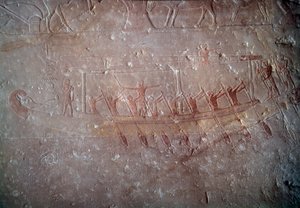 Starożytny Egipt: płaskorzeźba wapienna przedstawiająca czółno z kaplicy Mastaba w Achettepie, około 2300 p.n.e. V dynastia. Stare imperium. Z Sakkary (Sakkara). Paryż, Luwr autorstwa School Egyptian