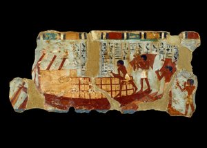 Sztuka starożytnego Egiptu: ładowanie ziarna na łódź, malowanie na mule z grobowca Ounou (1450 pne). autorstwa School Egyptian