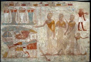 Sztuka starożytnego Egiptu: muzycy na bankiecie. Malowanie na mule (ok. 1400 pne). autorstwa School Egyptian