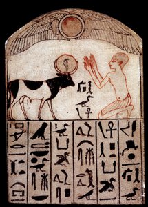Sztuka antyczna: Stela Serapeum (malowany wapień). Adoracja Boga Apis. Malowana rzeźba wapienna, niski okres (664-332 pne), Egipt. Paryż, Musee du Louvre autorstwa School Egyptian