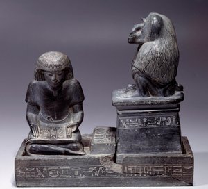 Egipska starożytność: skryba Nebmertouf i małpa Thot, bóg Pisma Świętego i patron skrybów. Rzeźba łupkowa. Regne Amenophisa III (1391-1353) autorstwa School Egyptian