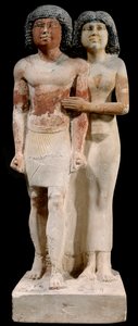 Egipski antyczny: wapienny posąg pary Raherki i Meresankh. V dynastia. Stare imperium (około 2700-2200 pne). Słońce 0,52x0,21 m Paryż, musee du Louvre autorstwa School Egyptian