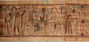 Egipska starożytna alegoria kosmosu: mitologiczny papirus Neskapaszouty, skryba księgowania zbóż reprezentujących kosmogonię, z Gebem, Noutem, Neftydą, Ozyrysem. 1070-664 pne. 21. dynastia. Słońce 2,7x0,27 m Paryż, musee du Louvre autorstwa School Egyptian