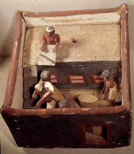 Starożytność egipska: makieta strychowa z skrybami odnotowującymi cenę zboża. Wykonany z malowanego drewna. XII dynastia, Bliskie Cesarstwo (2033-1710 pne). Od Assiut. Ciemny. 0,32x0,44m. Luwr, Paryż autorstwa School Egyptian
