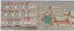 Teby, Medynet-Abu: kolorowa płaskorzeźba, wyrzeźbiona w południowej galerii perystylu pałacu - w „Starożytności egipskiej”, T.II autorstwa School Egyptian