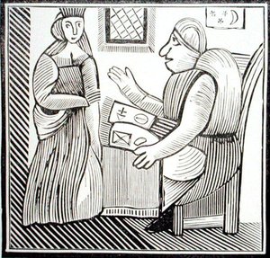 Kobieta szuka wskazówek u Wróżbity, kopia ilustracji z „Historii Mother Bunch of the West”, ze zbioru książeczek o ezoteryce c14-c17th (drzewryt) autorstwa School English
