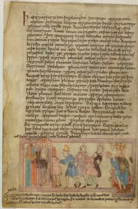 Cotton Claudius B. IV, f.58v Scena przedstawiająca anglosaską sprawiedliwość, ilustracja z (welum) autorstwa School English