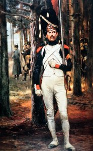 Gwardzista cesarski Wielkiej Armii Napoleona w czapce z niedźwiedziej skóry i uzbrojony w muszkiet Charleville z 1777 r. (kolor lito)