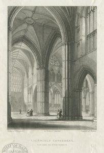Wnętrze katedry w Lichfield - Przejście od północnego transeptu: rycina, bd [poł. XIX w.] (druk) autorstwa School English