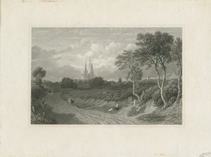 Katedra w Lichfield - widok na zachód (odległa): grawerowanie i [?XVIII wiek] (druk) autorstwa School English