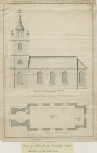Kościół Marchington - Plan elewacji zewnętrznej i wnętrza: rysunek piórem, bd [?poł. XVIII w.] (rysunek) autorstwa School English