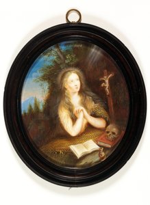Maria Magdalena oparta o brzeg, z oczami wzniesionymi do krucyfiksu (emalia) autorstwa School English