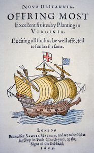 Broszura zachęcająca kolonistów do wyjazdu do Wirginii w Ameryce, opublikowana w 1609 r. (kolor lito) autorstwa School English