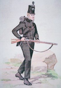 Szeregowy 95. strzelców, ok. 1810, uzbrojony w karabin piekarza, zaprojektowany przez Ezekiela Bakera z Londynu (kolor litho)