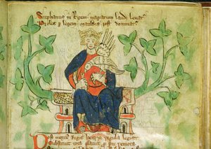 Roy.20 A II f.7 intronizacja króla Stefana, napisana za panowania Edwarda II (1284-1327) autorstwa School English