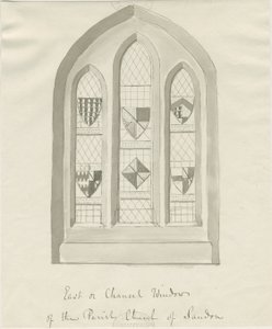 Sandon Church - Wschodnie okno prezbiterium: rysunek rozmyty sepii, nd [?XVIII wiek] (rysunek) autorstwa School English
