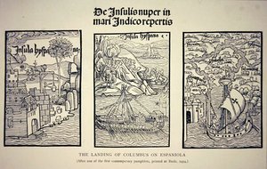 Lądowanie Kolumba na Espanioli, według współczesnej broszury opublikowanej w Bazylei w 1494 roku (lito) autorstwa School English