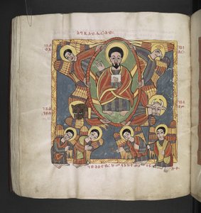 Lub. 481, f.110v   Bóg Ojciec w otoczeniu Cherubinów i adorujących Aniołów.   Oktateuch, Ewangelie i dzieła kościelne.  Rękopis etiopski.  Koniec XVII wieku
