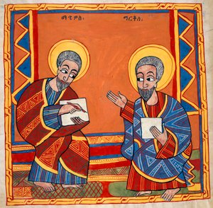Lub. 481, f.125v Wizerunek św. Łukasza i św. Jana Ewangelistów, z „Oktateuchu, czterech Ewangelii i synodyku” (pergamin)