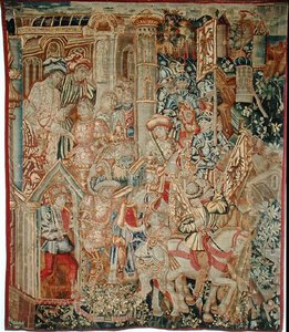 Cesarz Tytus Wespazjan (AD 9-79) nakazujący synowi Tytusowi (AD 38-91) powrót do Jerozolimy (gobelin)