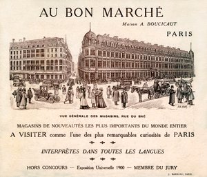 Reklama "Au Bon Marche" na Rue du Bad, Paryż (druk) autorstwa School French