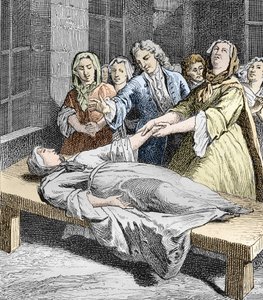 Catherine Bigot doświadczająca drgawek jansenistycznych, z "Les Mysteres de la Science" Louisa Figuiera (rycina)