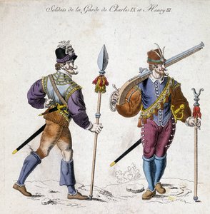 Stroje żołnierzy gwardii Karola IX (1550-1574) i Henryka III (1574-1589). autorstwa School French